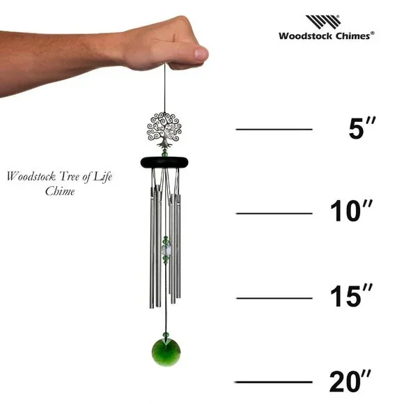 WOODSTOCK CHIMES Silver and Green Crystal Wind Chime with Tree of Life Theme NIB - Picture 7 of 8
